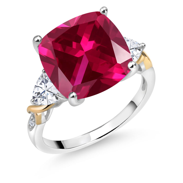 925 Silver and 10K Yellow Red Created Ruby White Moissanite and Diamond Ring For Women (8.95 Cttw, 12MM Cushion and 5MM Trillion, Available in Size 5,6,7,8,9)