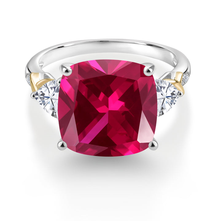 925 Silver and 10K Yellow Red Created Ruby White Moissanite and Diamond Ring For Women (8.95 Cttw, 12MM Cushion and 5MM Trillion, Available in Size 5,6,7,8,9)