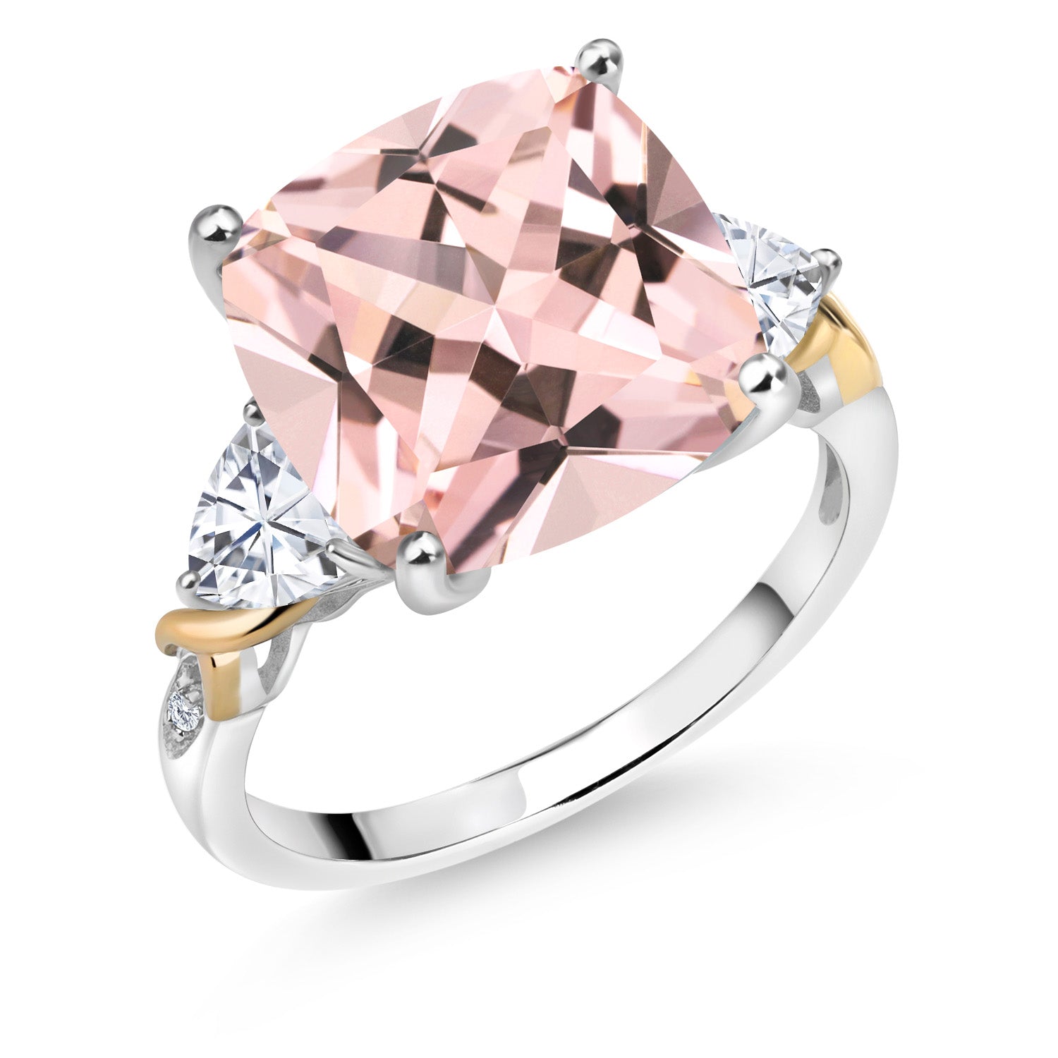 8.47 Cttw Peach Nano Morganite White Moissanite and Diamond Ring For Women In 925 Silver and 10K Yellow | 12MM Cushion and 5MM Trillion | Available in Size 5,6,7,8,9