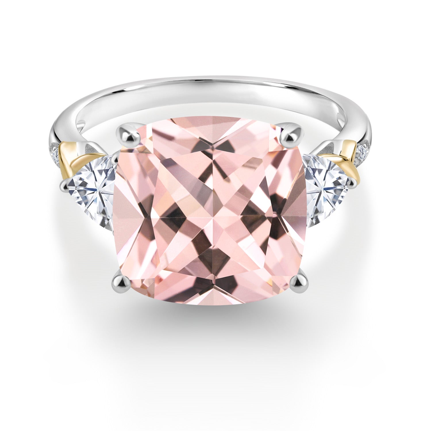 8.47 Cttw Peach Nano Morganite White Moissanite and Diamond Ring For Women In 925 Silver and 10K Yellow | 12MM Cushion and 5MM Trillion | Available in Size 5,6,7,8,9