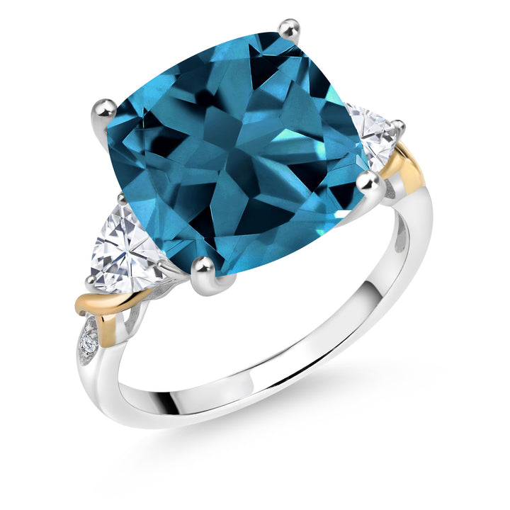 925 Silver and 10K Yellow London Blue Topaz White Moissanite and Diamond Ring For Women (9.75 Cttw, 12MM Cushion and 5MM Trillion, Gemstone Birthstone, Available In Size 5, 6, 7, 8, 9)