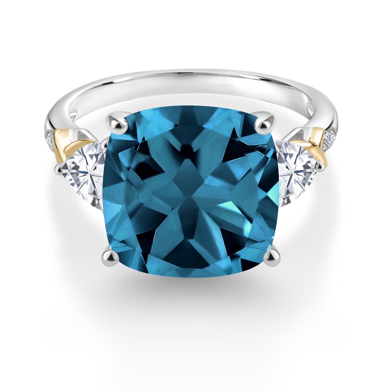 925 Silver and 10K Yellow London Blue Topaz White Moissanite and Diamond Ring For Women (9.75 Cttw, 12MM Cushion and 5MM Trillion, Gemstone Birthstone, Available In Size 5, 6, 7, 8, 9)