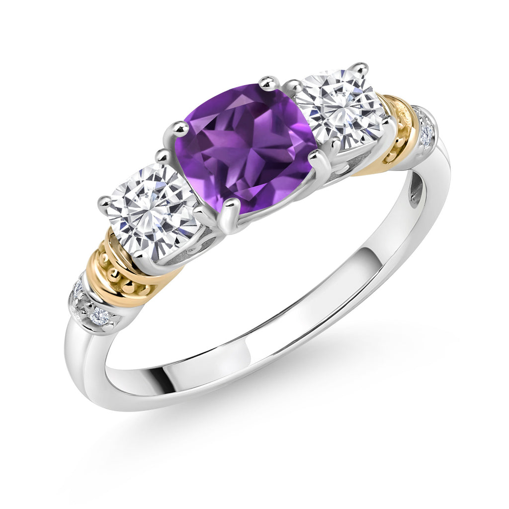 Amethyst - White Moissanite_7_Ring in 925 Sterling Silver and 10K Yellow Gold