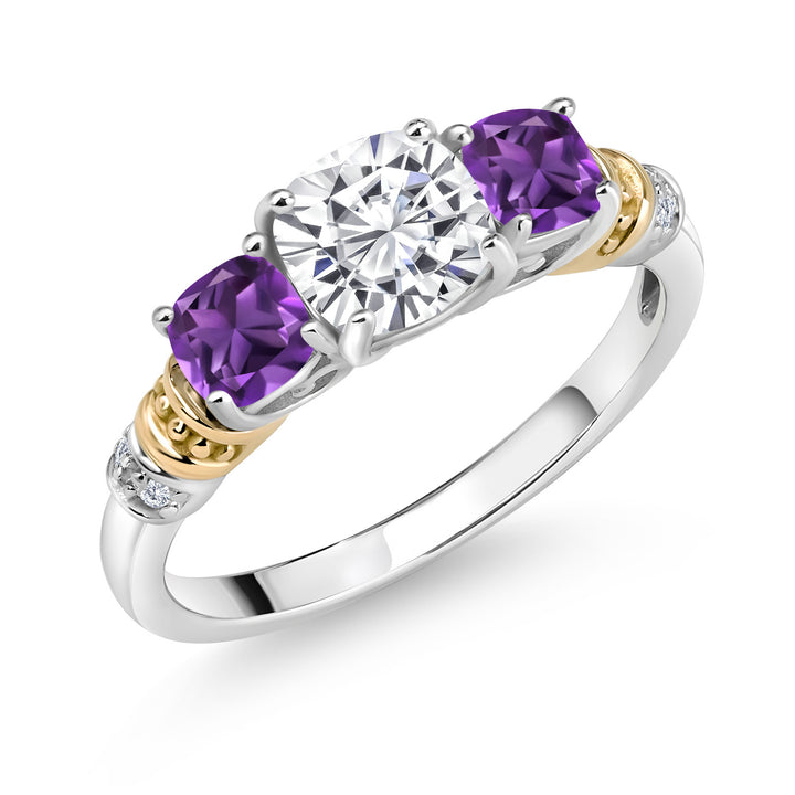 White Moissanite - Amethyst_5_Ring in 925 Sterling Silver and 10K Yellow Gold