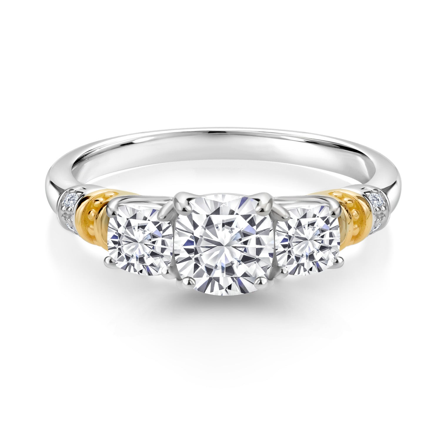 925 Silver and 10K Yellow Gold White Moissanite and White Diamond 3-Stone Engagement Ring For Women (1.77 Cttw, Cushion Cut 6MM and 4MM, Available in Size 5,6,7,8,9)