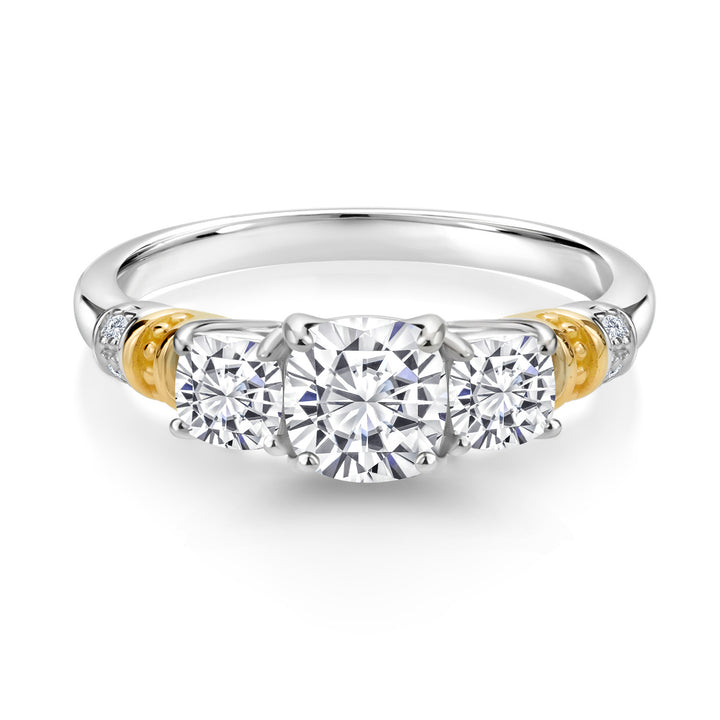 925 Silver and 10K Yellow Gold White Moissanite and White Diamond 3-Stone Engagement Ring For Women (1.77 Cttw, Cushion Cut 6MM and 4MM, Available in Size 5,6,7,8,9)