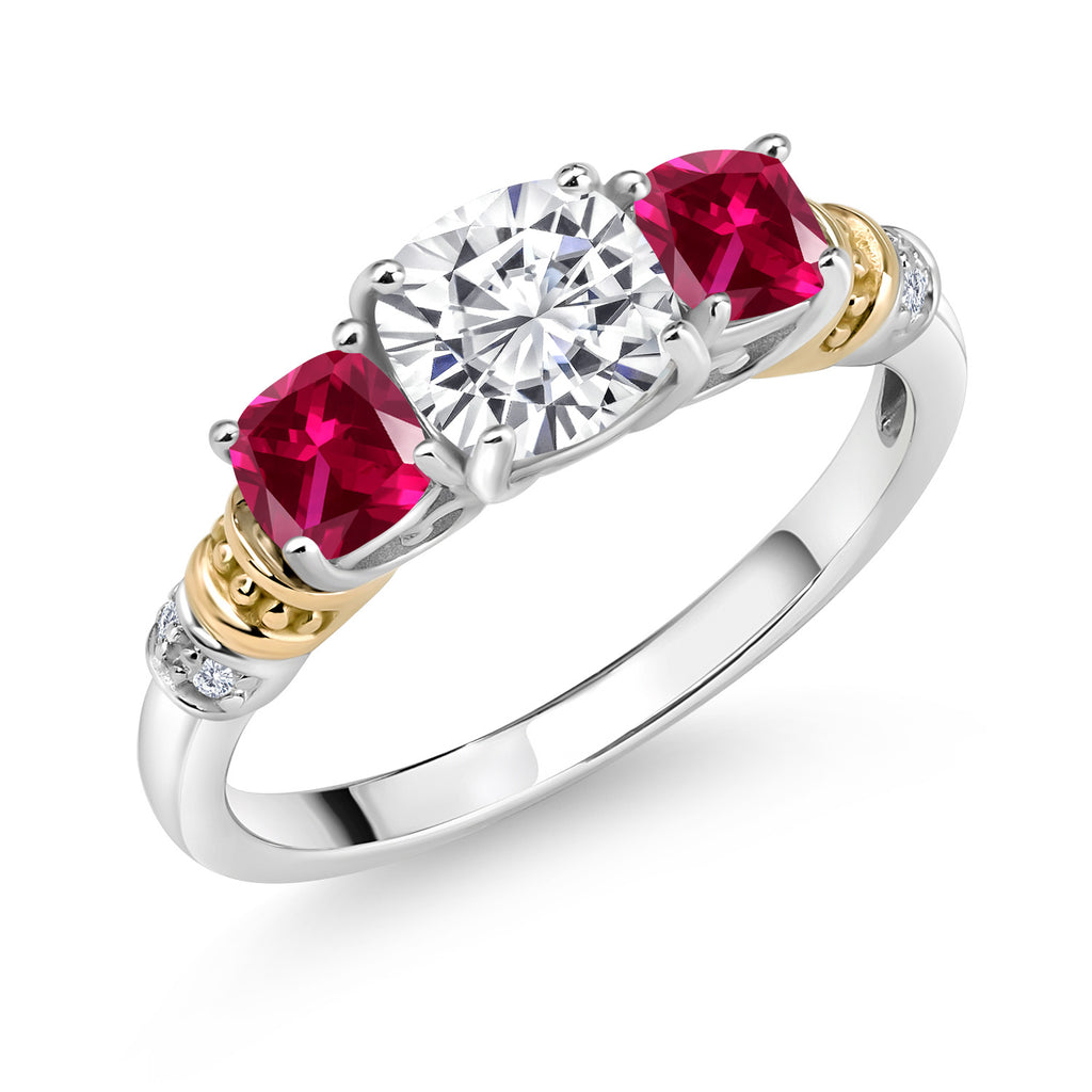 White Moissanite - Created Ruby_5_Ring in 925 Sterling Silver and 10K Yellow Gold