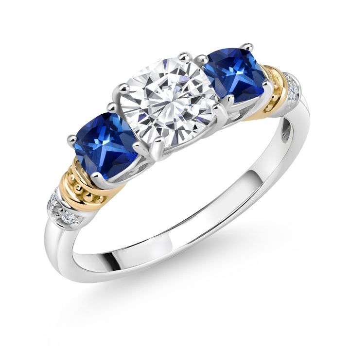 White Moissanite - Blue Created Sapphire_5_Ring in 925 Sterling Silver and 10K Yellow Gold