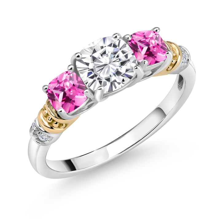 White Moissanite - Pink Created Sapphire_5_Ring in 925 Sterling Silver and 10K Yellow Gold