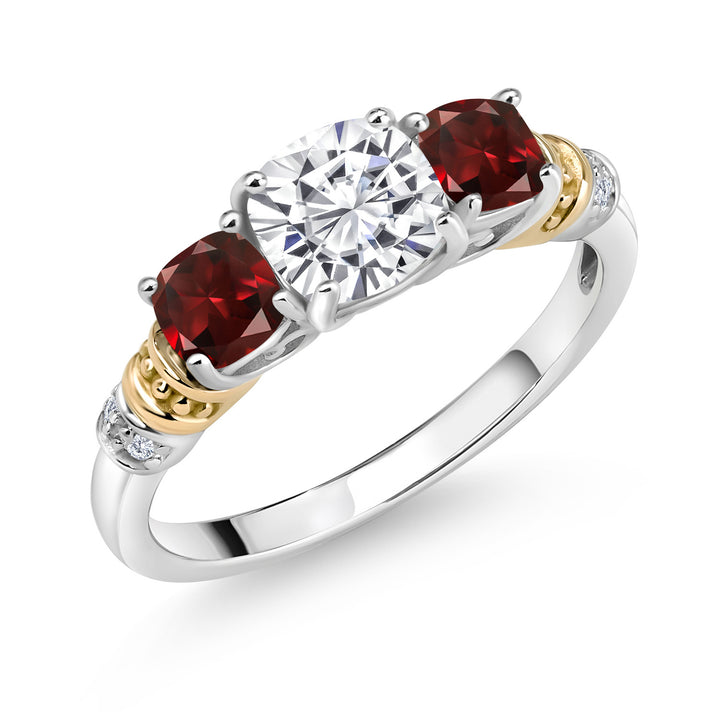 White Moissanite - Garnet_5_Ring in 925 Sterling Silver and 10K Yellow Gold