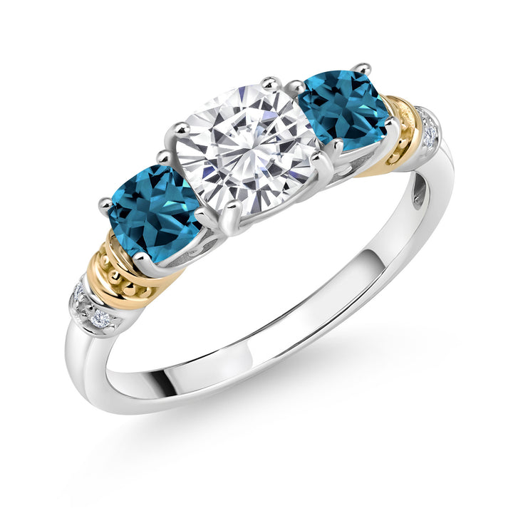 White Moissanite - London Blue Topaz_5_Ring in 925 Sterling Silver and 10K Yellow Gold