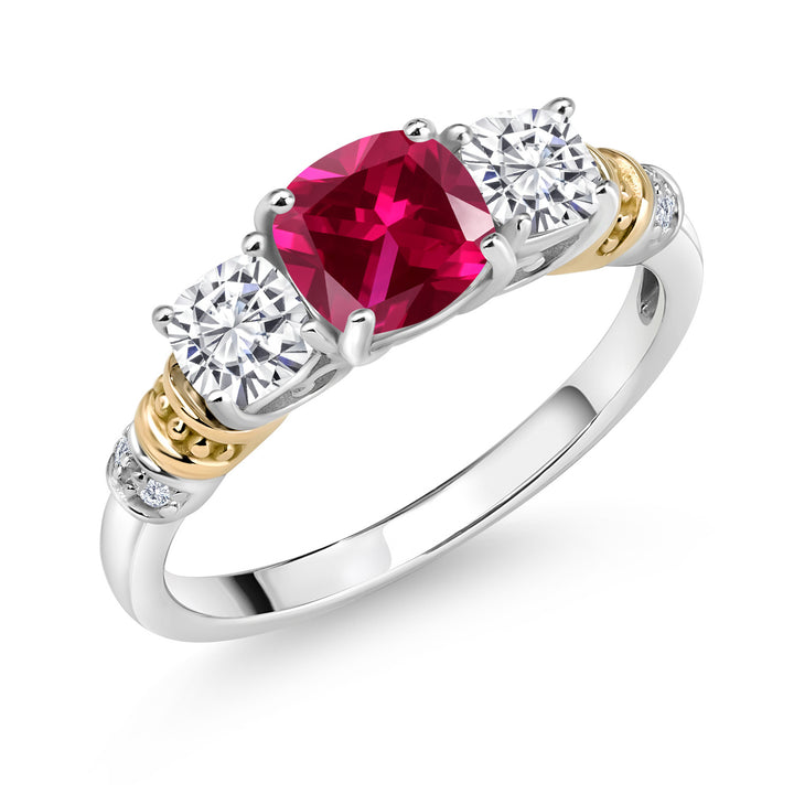 Created Ruby - White Moissanite_5_Ring in 925 Sterling Silver and 10K Yellow Gold