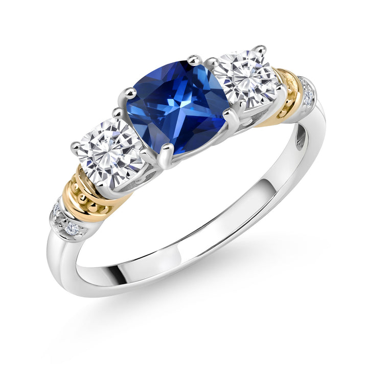 Blue Created Sapphire - White Moissanite_5_Ring in 925 Sterling Silver and 10K Yellow Gold