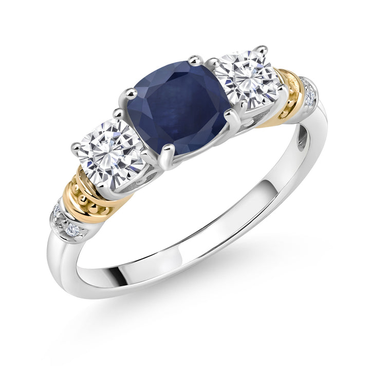 Blue Sapphire - White Moissanite_5_Ring in 925 Sterling Silver and 10K Yellow Gold