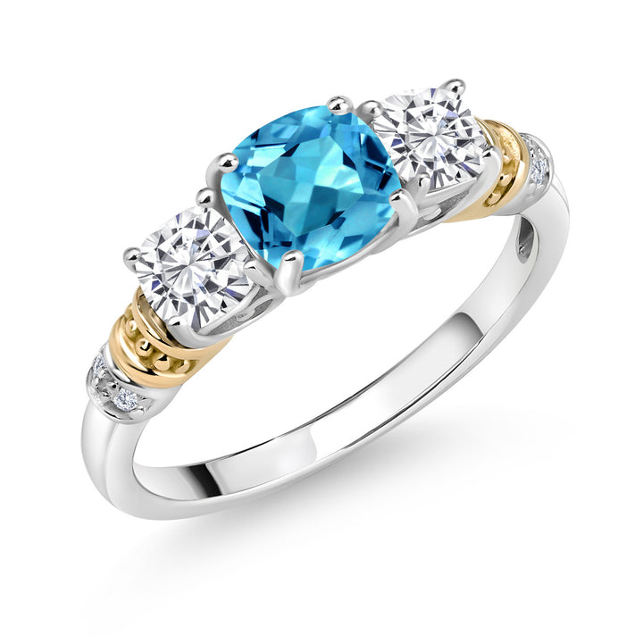 Swiss Blue Topaz - White Moissanite_5_Ring in 925 Sterling Silver and 10K Yellow Gold