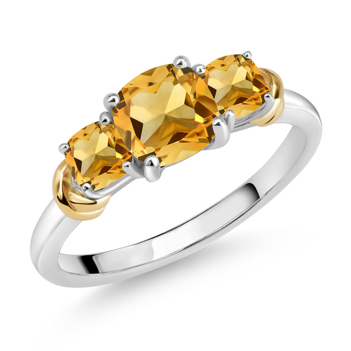 925 Sterling Silver and 10K Yellow Gold Yellow Citrine 3 Stone Engagement Ring For Women (1.53 Cttw, Cushion Cut 6MM and 4MM, Available In Size 5, 6, 7, 8, 9)