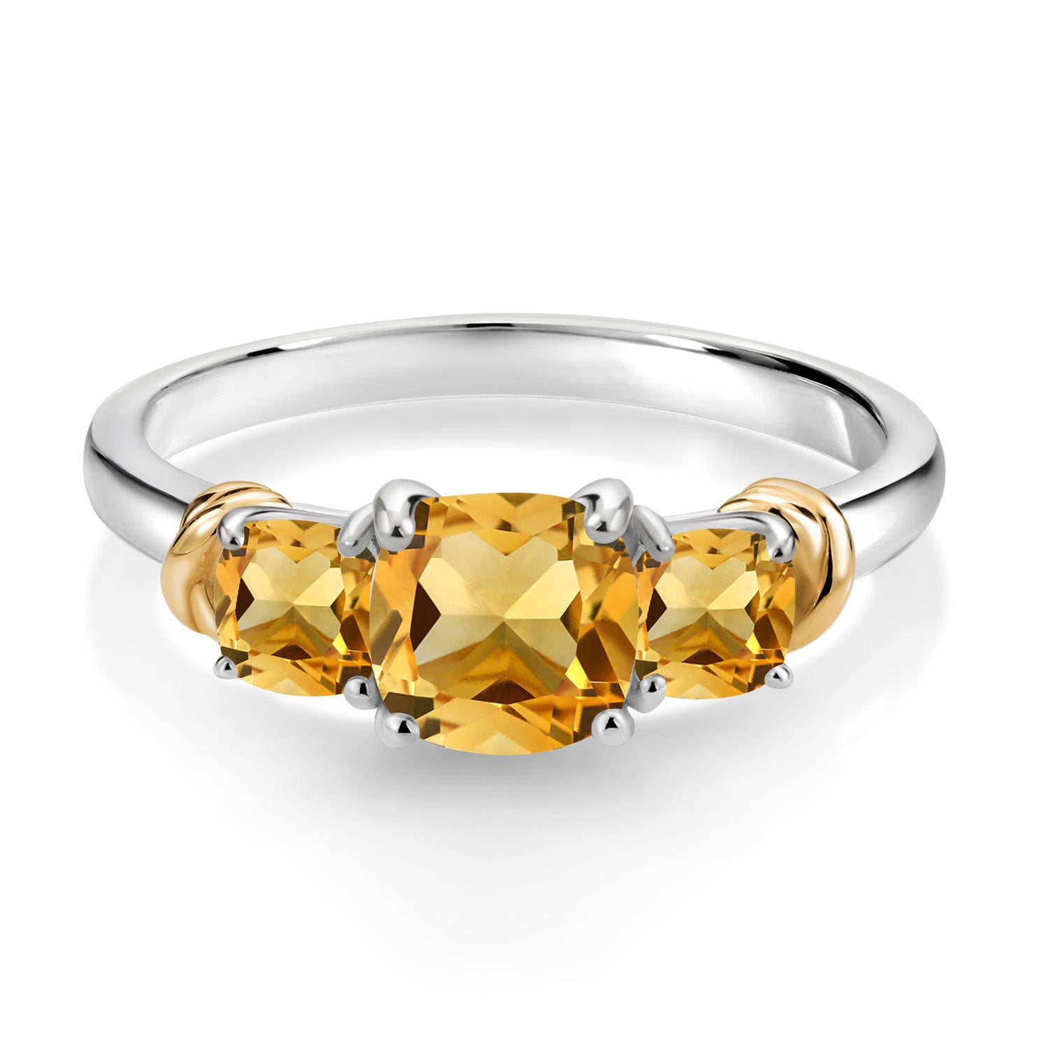 925 Sterling Silver and 10K Yellow Gold Yellow Citrine 3 Stone Engagement Ring For Women (1.53 Cttw, Cushion Cut 6MM and 4MM, Available In Size 5, 6, 7, 8, 9)