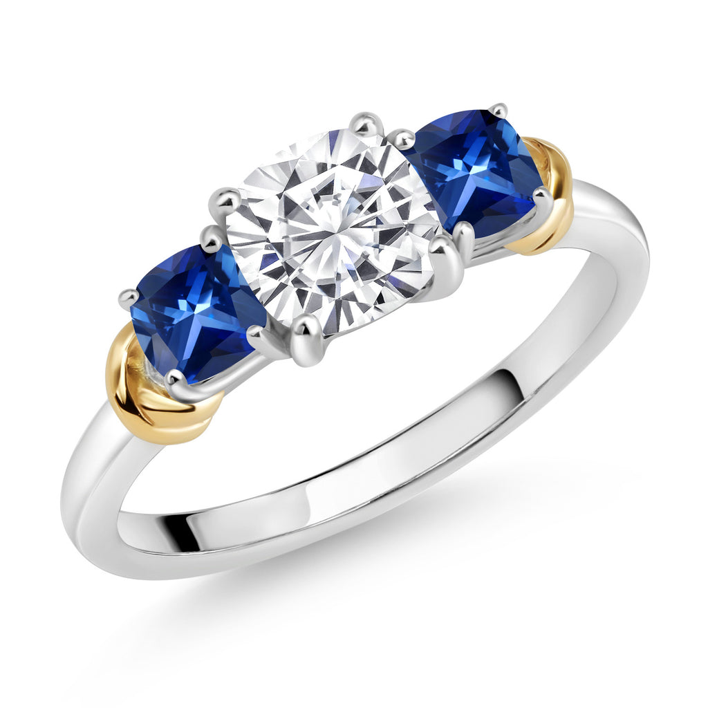 White Moissanite - Blue Created Sapphire_8_Ring in 925 Sterling Silver and 10K Yellow Gold