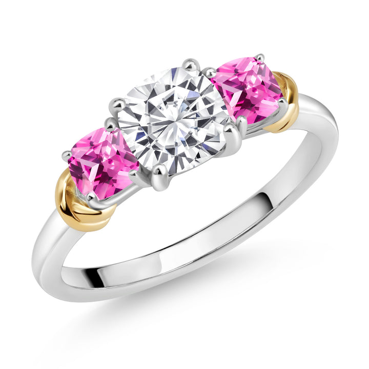 White Moissanite - Pink Created Sapphire_5_Ring in 925 Sterling Silver and 10K Yellow Gold