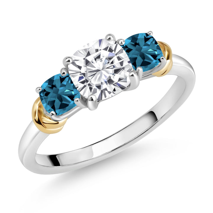 White Moissanite - London Blue Topaz_5_Ring in 925 Sterling Silver and 10K Yellow Gold