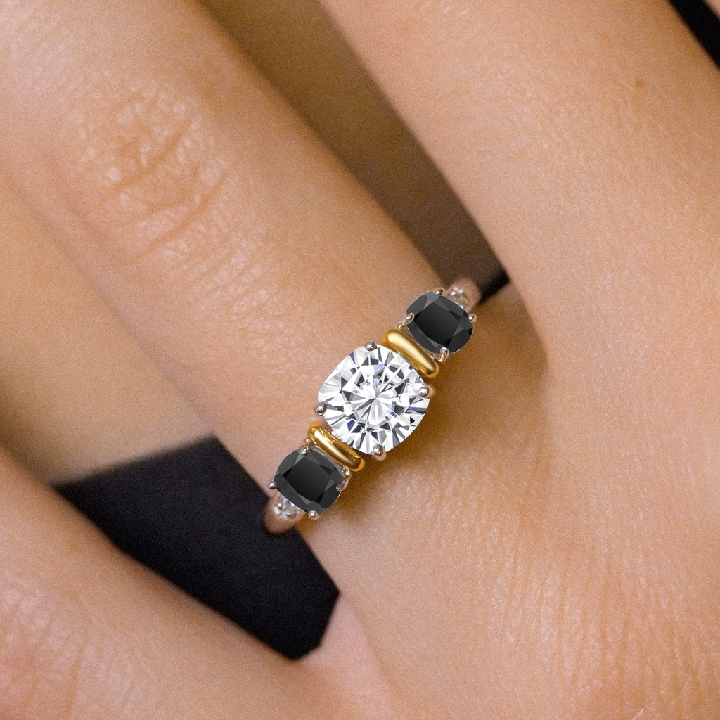 Moissanite and Onyx_7_Ring in 925 Sterling Silver and 10K Yellow Gold