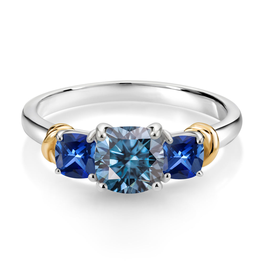 Moissanite and Created Sapphire_7_Ring in 925 Sterling Silver and 10K Yellow Gold