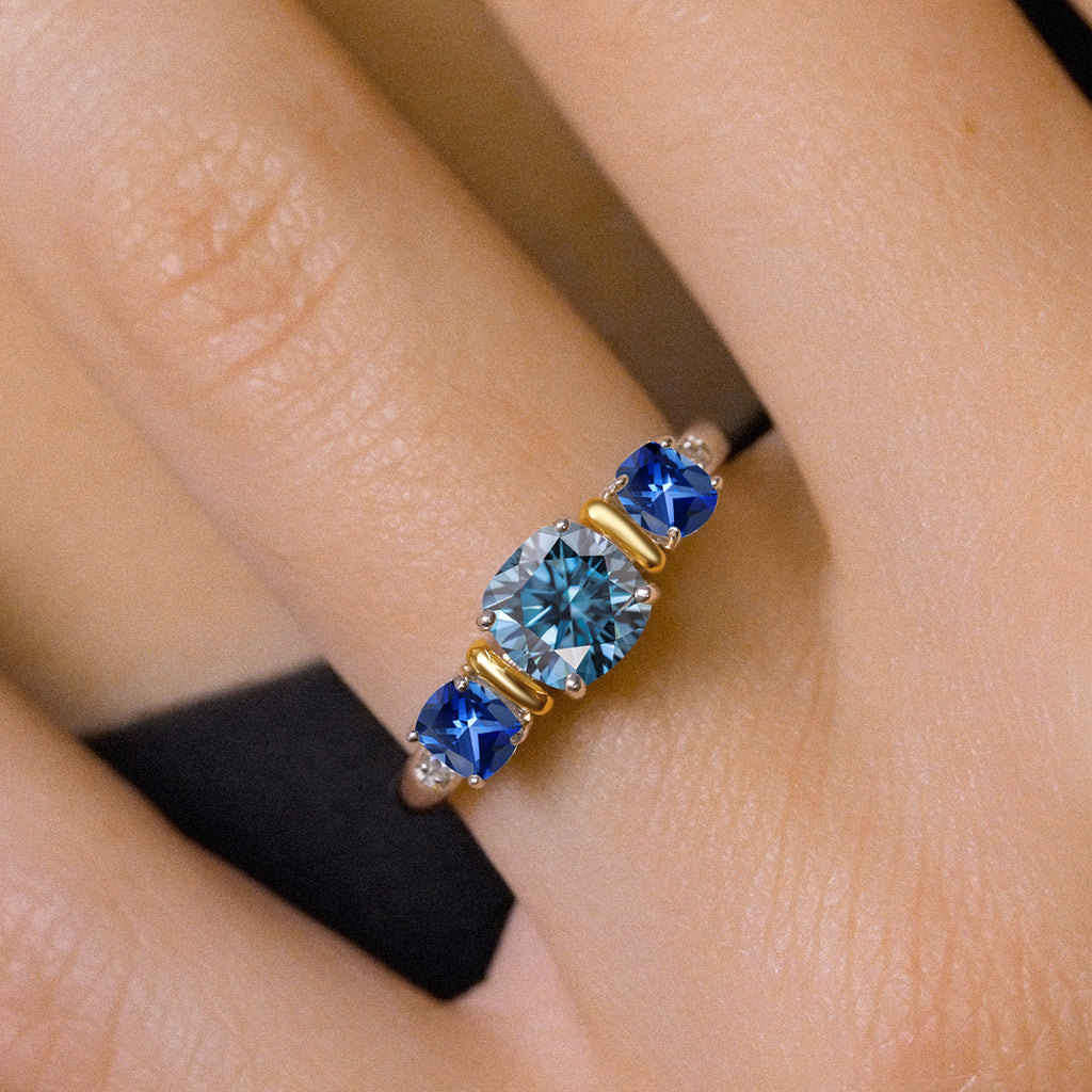 Moissanite and Created Sapphire_7_Ring in 925 Sterling Silver and 10K Yellow Gold