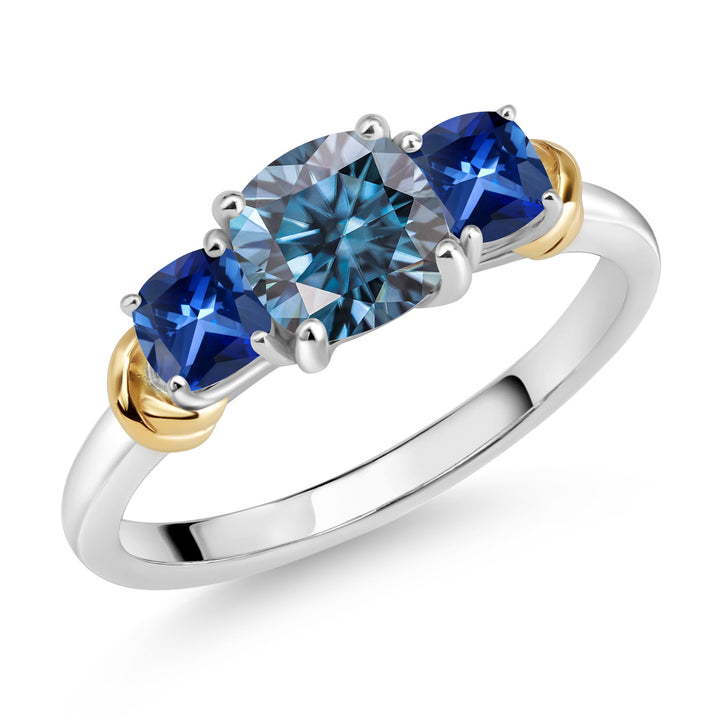 Moissanite and Created Sapphire_7_Ring in 925 Sterling Silver and 10K Yellow Gold