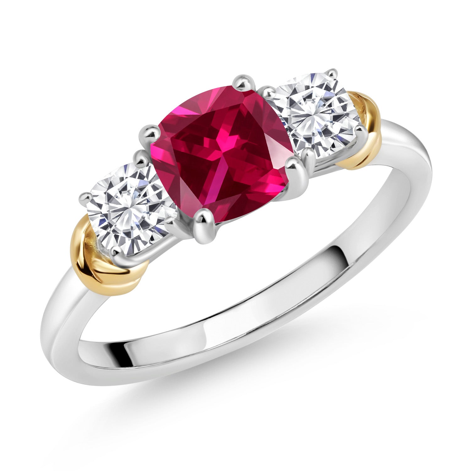 925 Sterling Silver and 10K Yellow Gold Red Created Ruby and White Moissanite 3 Stone Engagement Ring For Women (1.64 Cttw, Cushion Cut 6MM and 4MM, Available In Size 5, 6, 7, 8, 9)