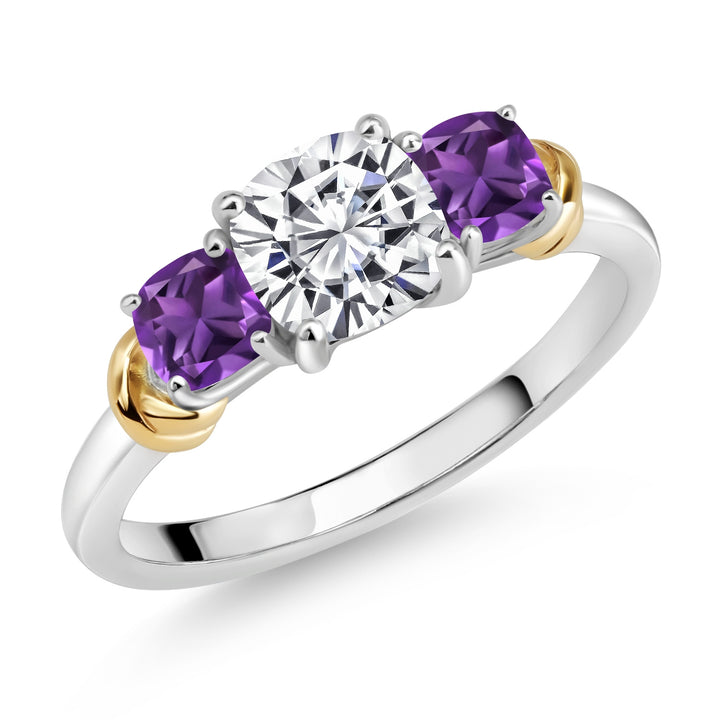 White Lab Grown Diamond - Amethyst_5_Ring in 925 Sterling Silver and 10K Yellow Gold