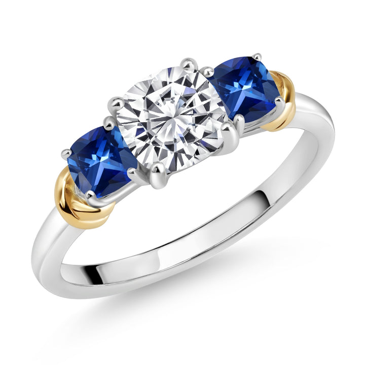 925 Sterling Silver and 10K Yellow Gold IGI Certified Lab Grown Diamond and Created SapphireRing For Women | 1.68 Cttw | Center 1 Ct Diamond | E-F Color | VS1-VS2 Clarity