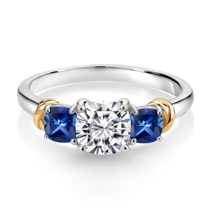 925 Sterling Silver and 10K Yellow Gold IGI Certified Lab Grown Diamond and Created SapphireRing For Women | 1.68 Cttw | Center 1 Ct Diamond | F-G Color | VS1 Clarity