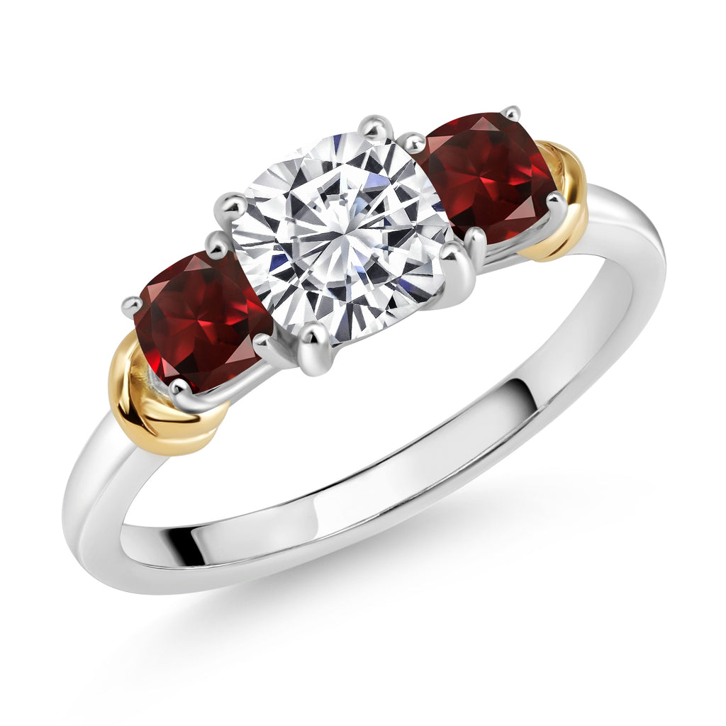White Lab Grown Diamond - Garnet_5_Ring in 925 Sterling Silver and 10K Yellow Gold