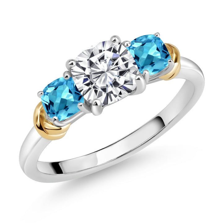 White Lab Grown Diamond - Swiss Blue Topaz_5_Ring in 925 Sterling Silver and 10K Yellow Gold