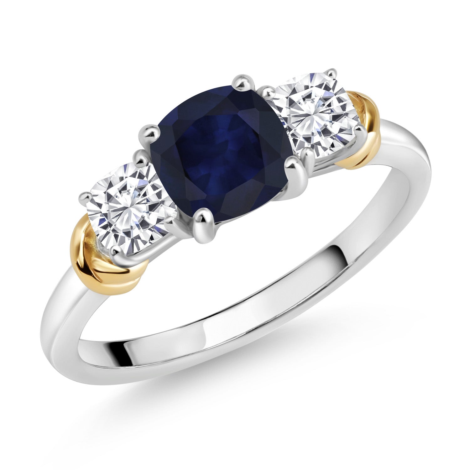 925 Sterling Silver and 10K Yellow Gold Blue Sapphire and White Moissanite 3 Stone Engagement Ring For Women (1.94 Cttw, Cushion Cut 6MM and 4MM, Available In Size 5, 6, 7, 8, 9)