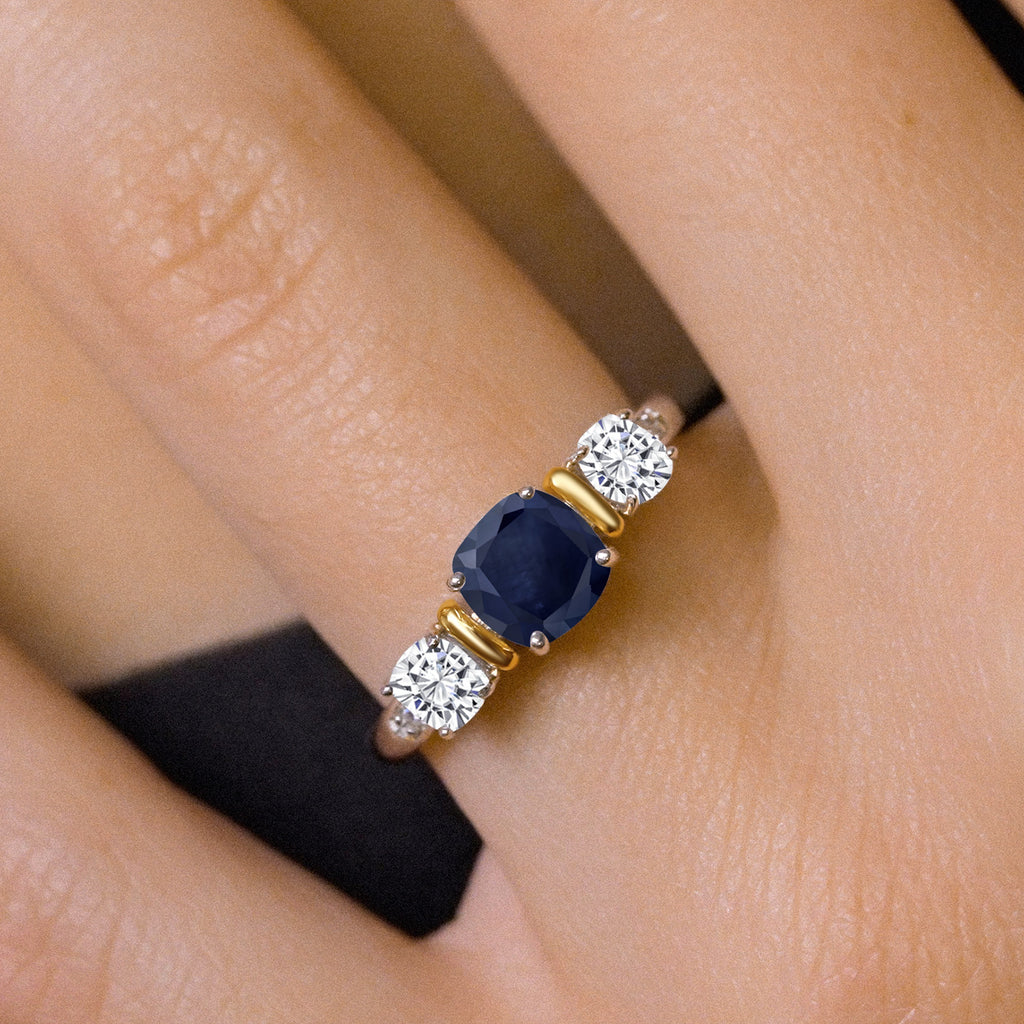 Sapphire and Moissanite_7_Ring in 925 Sterling Silver and 10K Yellow Gold