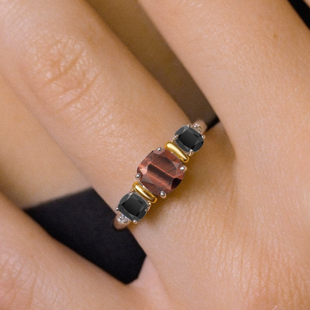 Tiger Eye and Onyx_8_Ring in 925 Sterling Silver and 10K Yellow Gold
