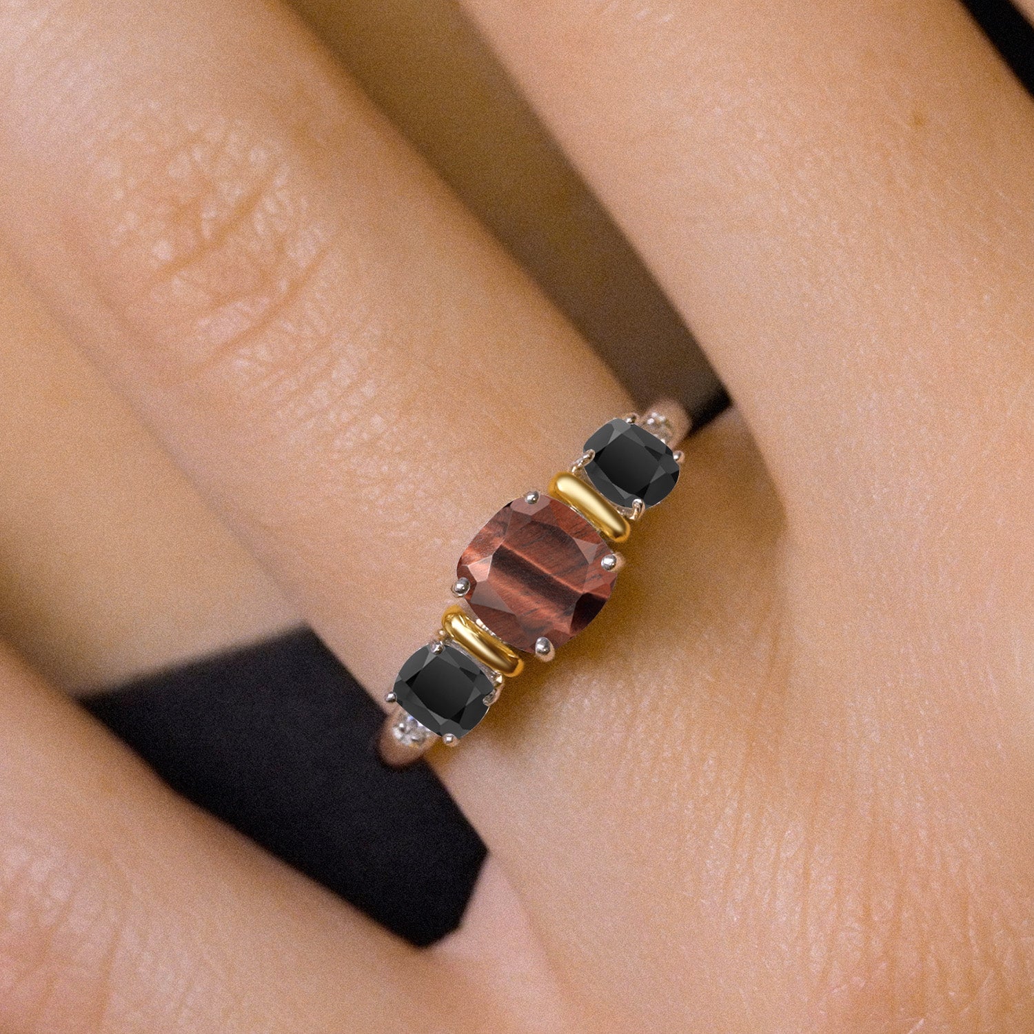 Tiger Eye and Onyx_8_Ring in 925 Sterling Silver and 10K Yellow Gold