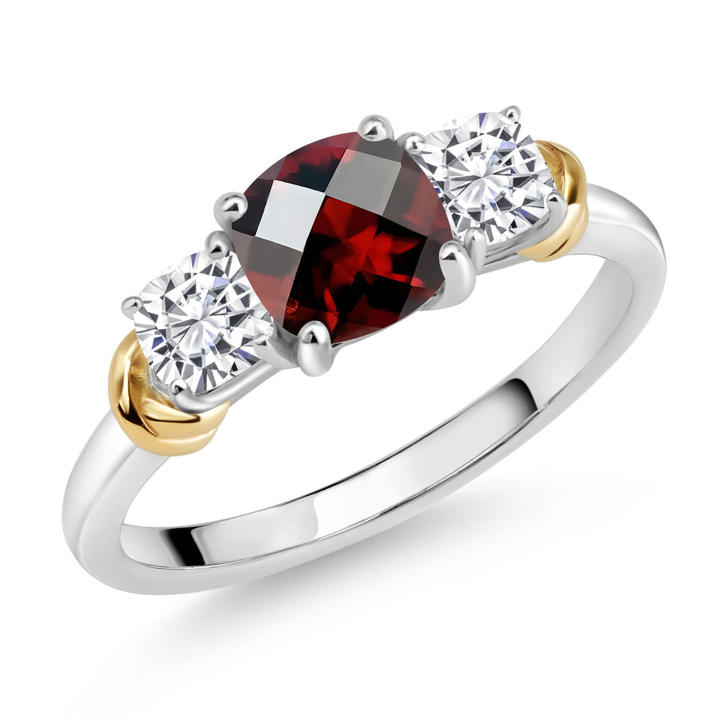 Garnet-Checkerboard - January_8_Ring in 925 Sterling Silver and 10K Yellow Gold