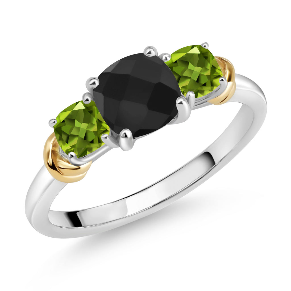 Onyx-Checkerboard - Peridot_7_Ring in 925 Sterling Silver and 10K Yellow Gold