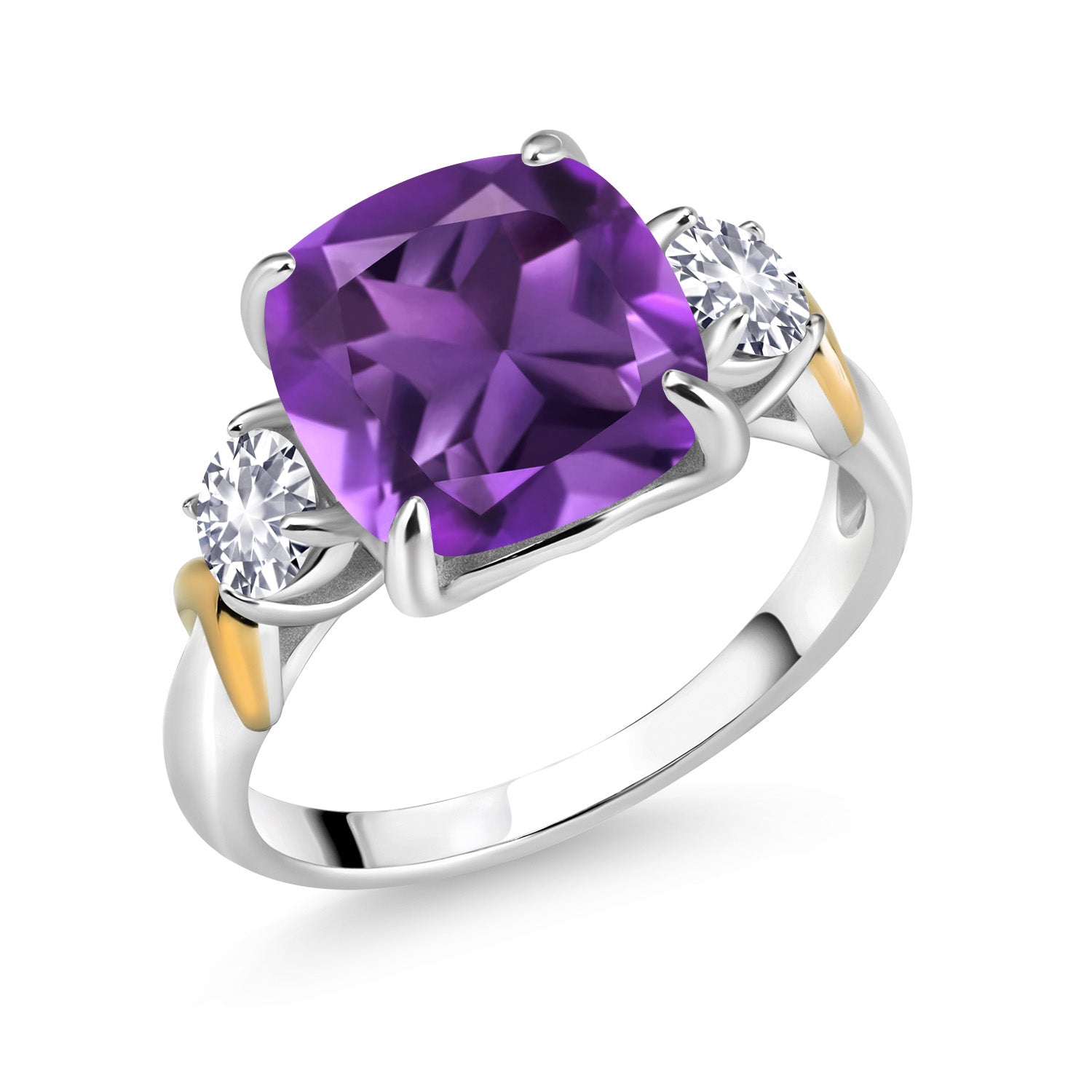 925 Silver and 10K Yellow Gold Purple Amethyst and White Created Sapphire 3 Stone Ring For Women (3.50 Cttw, Gemstone February Birthstone, Cushion 10MM, Round 4MM, Available In Size 5, 6, 7, 8, 9)