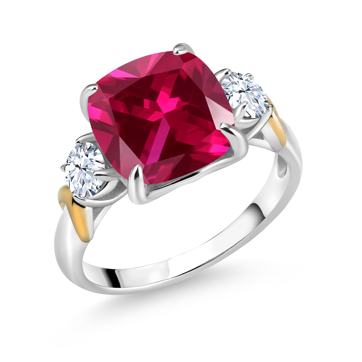 925 Silver and 10K Yellow Gold Red Created Ruby 3 Stone Ring For Women (5.50 Cttw, Gemstone July Birthstone, Cushion 10MM, Round 4MM, Available In Size 5, 6, 7, 8, 9)