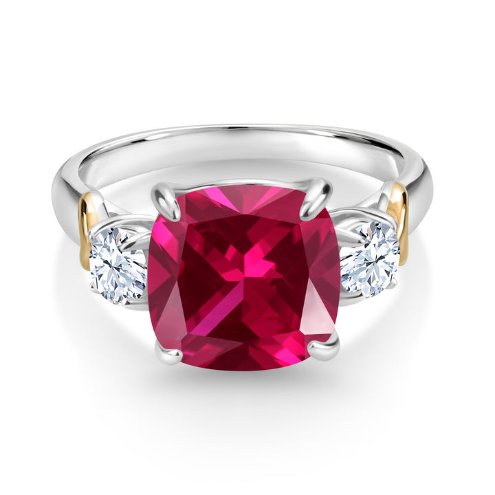 925 Silver and 10K Yellow Gold Red Created Ruby 3 Stone Ring For Women (5.50 Cttw, Gemstone July Birthstone, Cushion 10MM, Round 4MM, Available In Size 5, 6, 7, 8, 9)