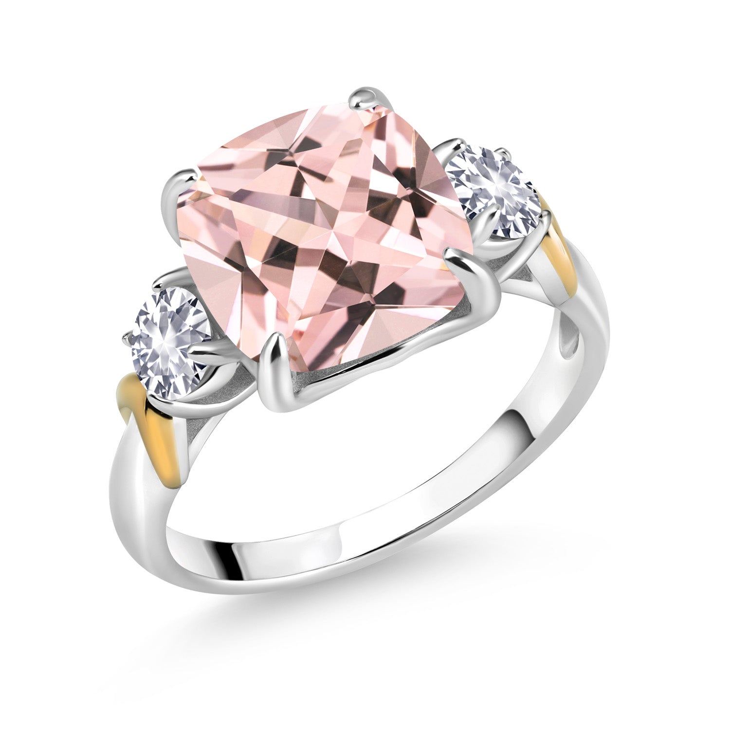 925 Silver and 10K Yellow Gold Peach Nano Morganite and White Created Sapphire 3 Stone Ring For Women (4.82 Cttw, Gemstone October Birthstone, Cushion 10MM, Round 4MM, Available In Size 5, 6, 7, 8, 9)