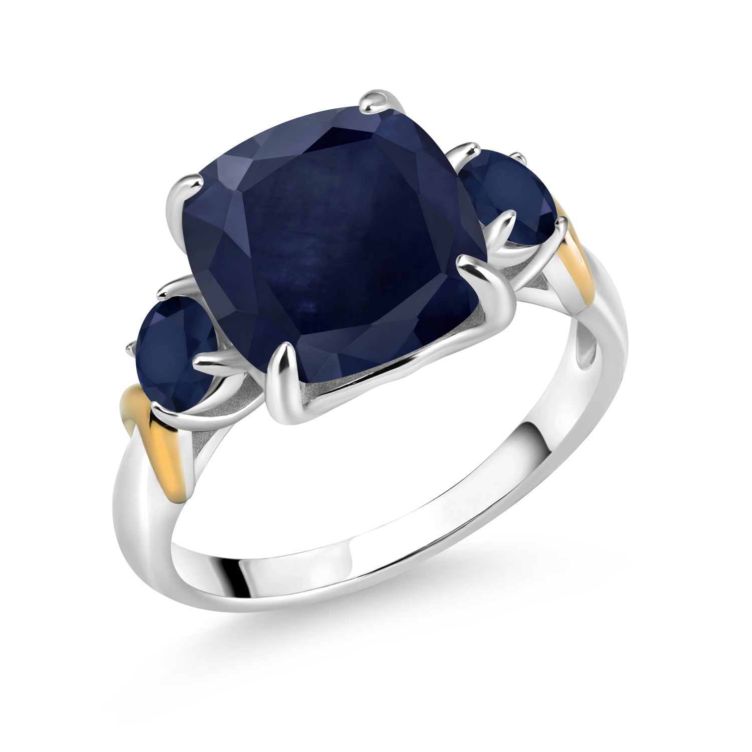 925 Silver and 10K Yellow Gold Blue Sapphire 3 Stone Ring For Women (5.30 Cttw, Gemstone September Birthstone, Cushion 10MM, Round 4MM, Available In Size 5, 6, 7, 8, 9)