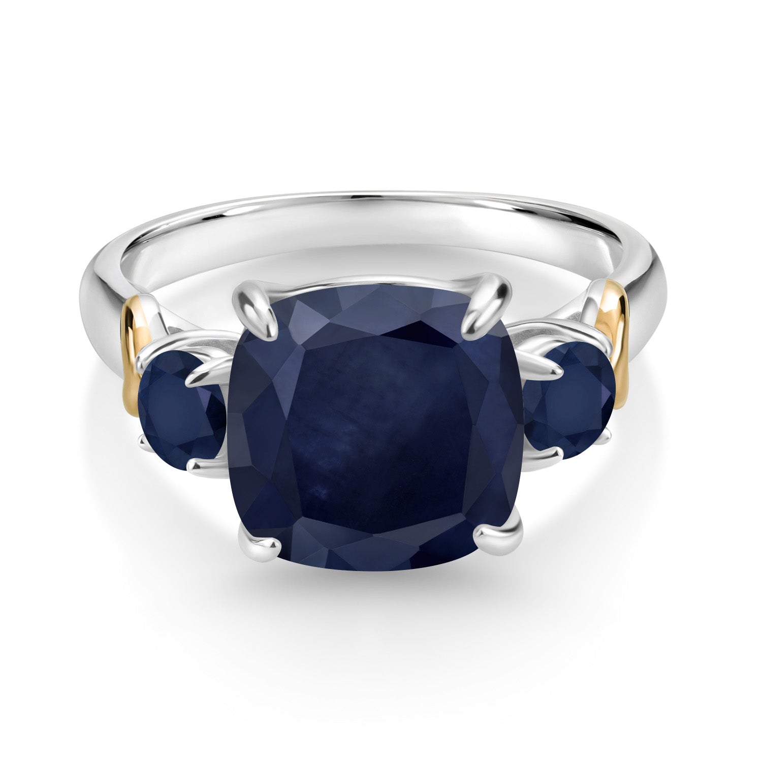 925 Silver and 10K Yellow Gold Blue Sapphire 3 Stone Ring For Women (5.30 Cttw, Gemstone September Birthstone, Cushion 10MM, Round 4MM, Available In Size 5, 6, 7, 8, 9)