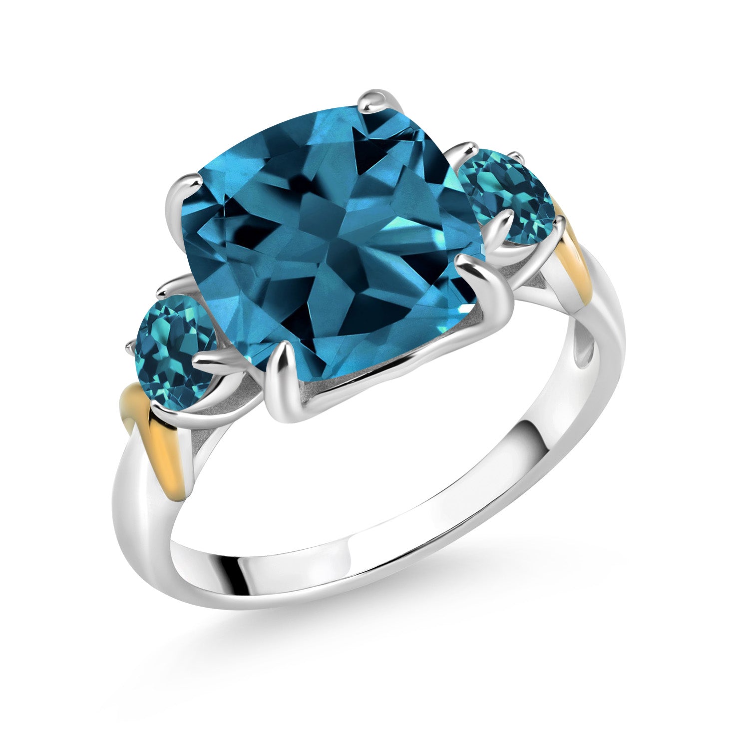 925 Silver and 10K Yellow Gold London Blue Topaz 3 Stone Ring For Women (5.86 Cttw, Gemstone November Birthstone, Cushion 10MM, Round 4MM, Available In Size 5, 6, 7, 8, 9)