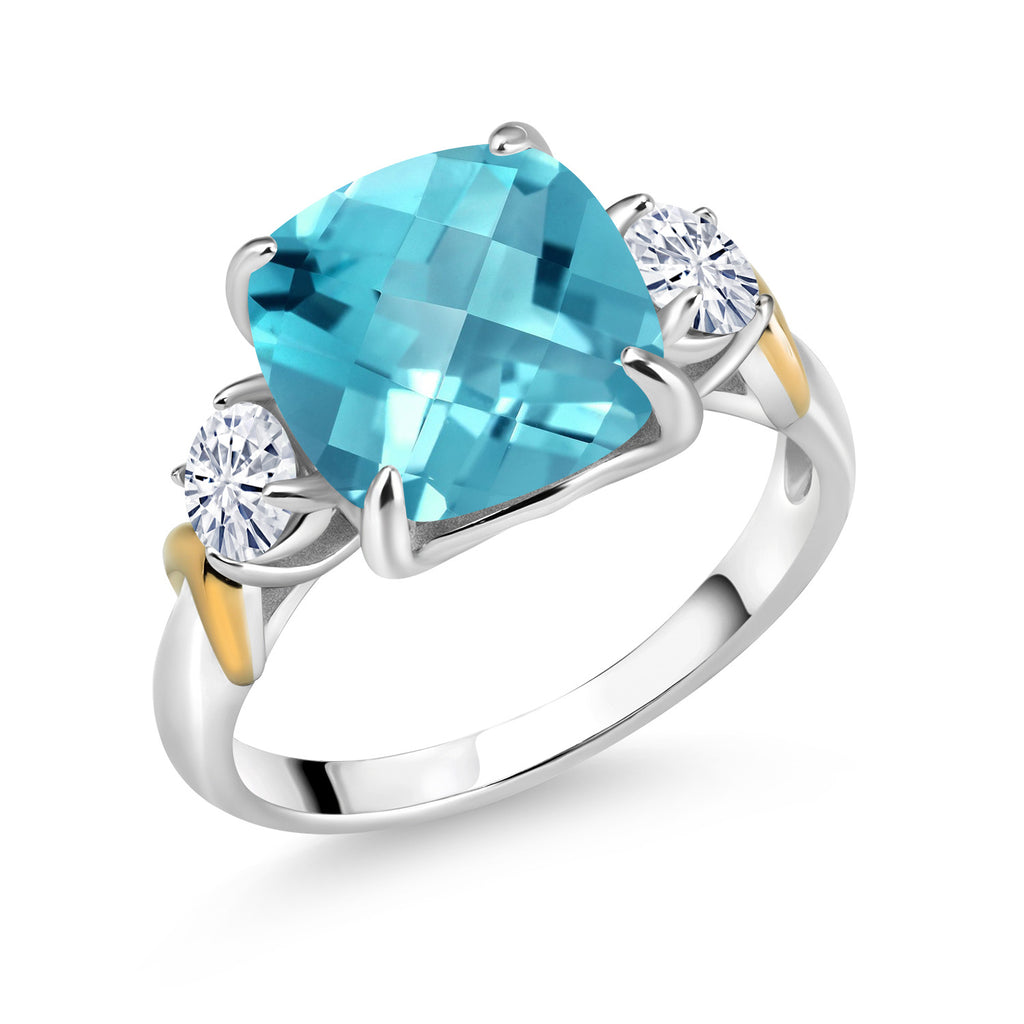 Swiss Blue Topaz-Checkerboard - November_5_Ring in 925 Sterling Silver and 10K Yellow Gold