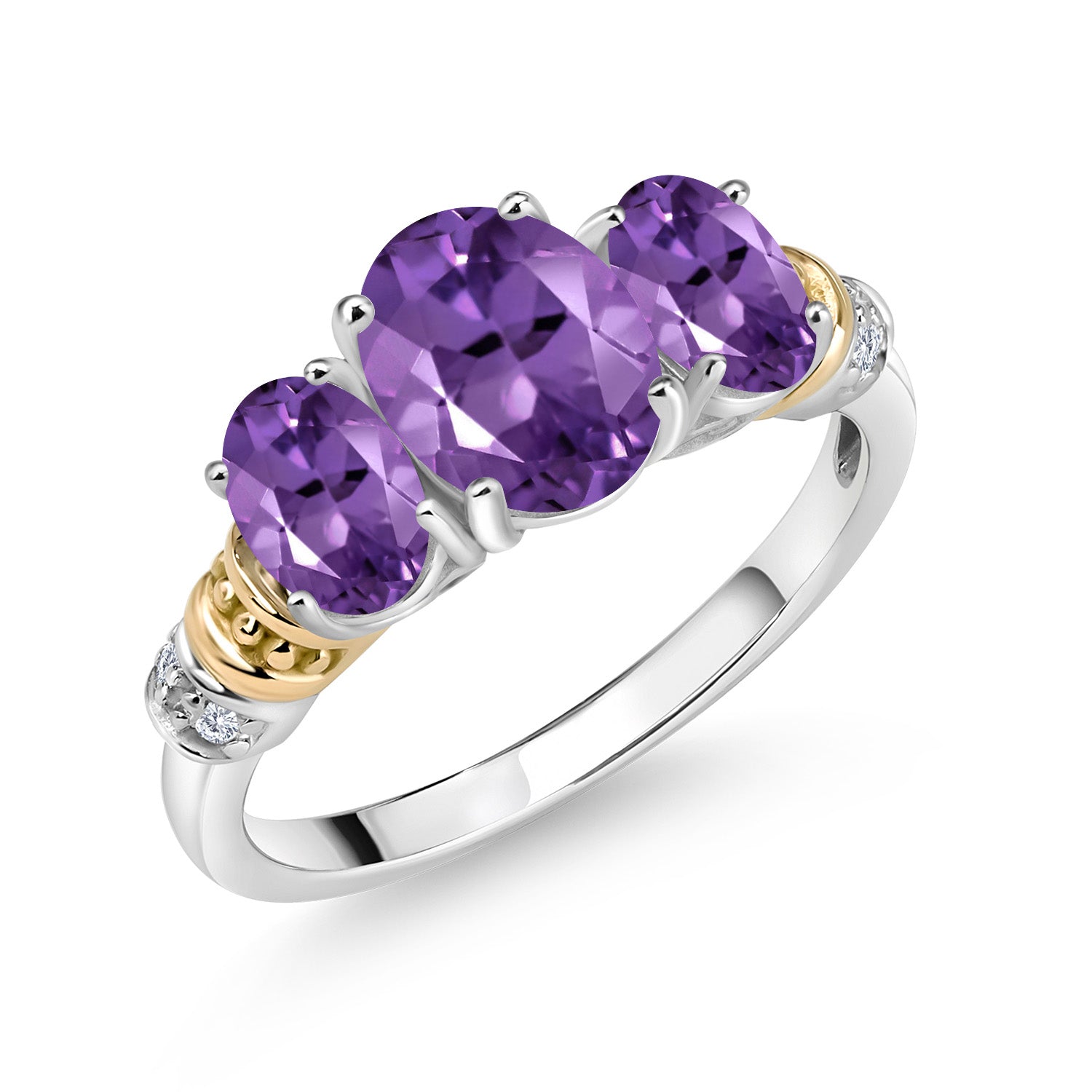 925 Sterling Silver and 10K Yellow Gold Oval Purple Amethyst and White Diamond 3 Stone Ring For Women (2.08 Cttw, Gemstone February Birthstone, Available In Size 5, 6, 7, 8, 9)