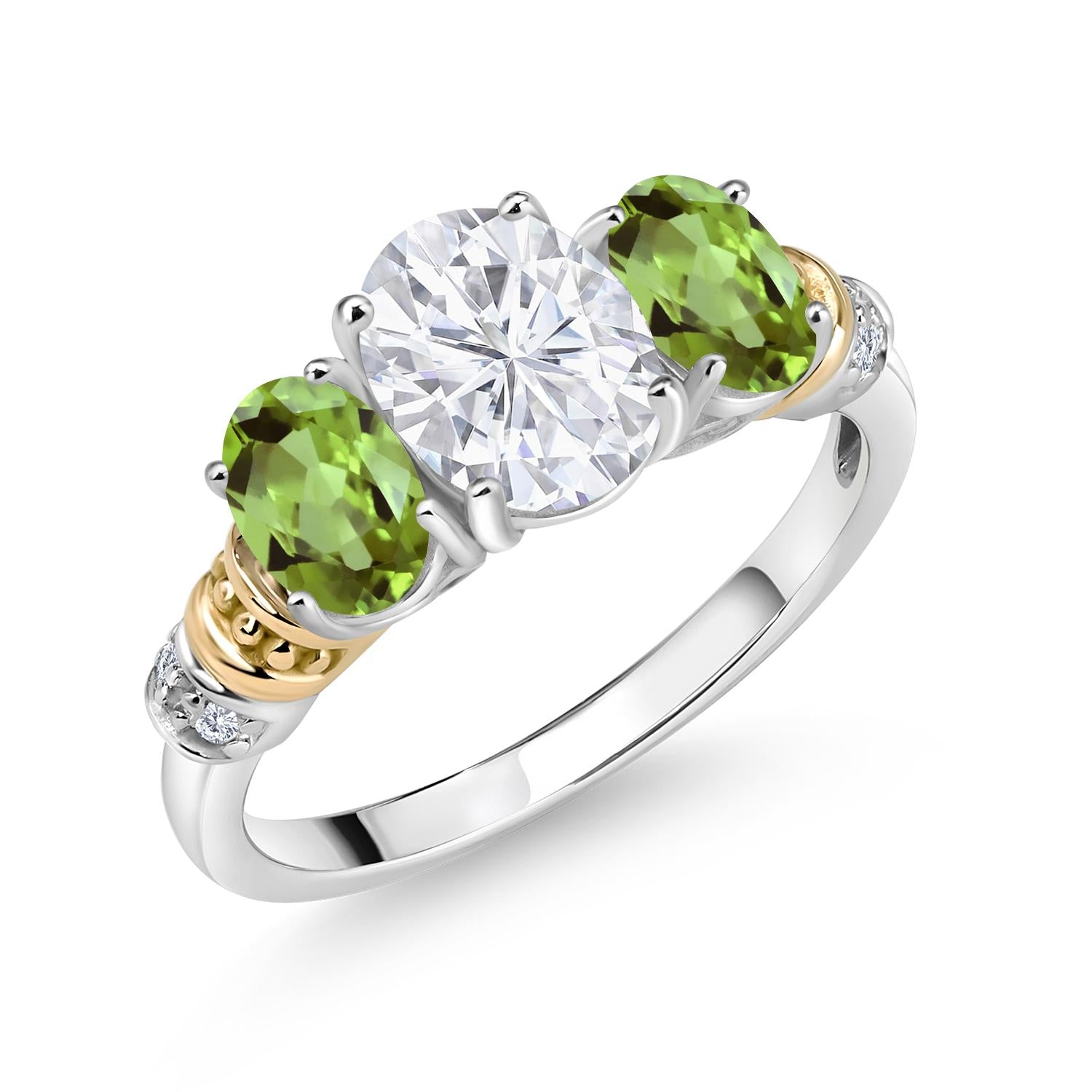 2.53 Cttw 925 Sterling Silver and 10K Yellow Gold IGI Certified Lab Grown Diamond and Green Peridot 3 Stone Ring For Women | Center Oval Diamond 1.5 Ct | F-G Color | VS1 Clarity